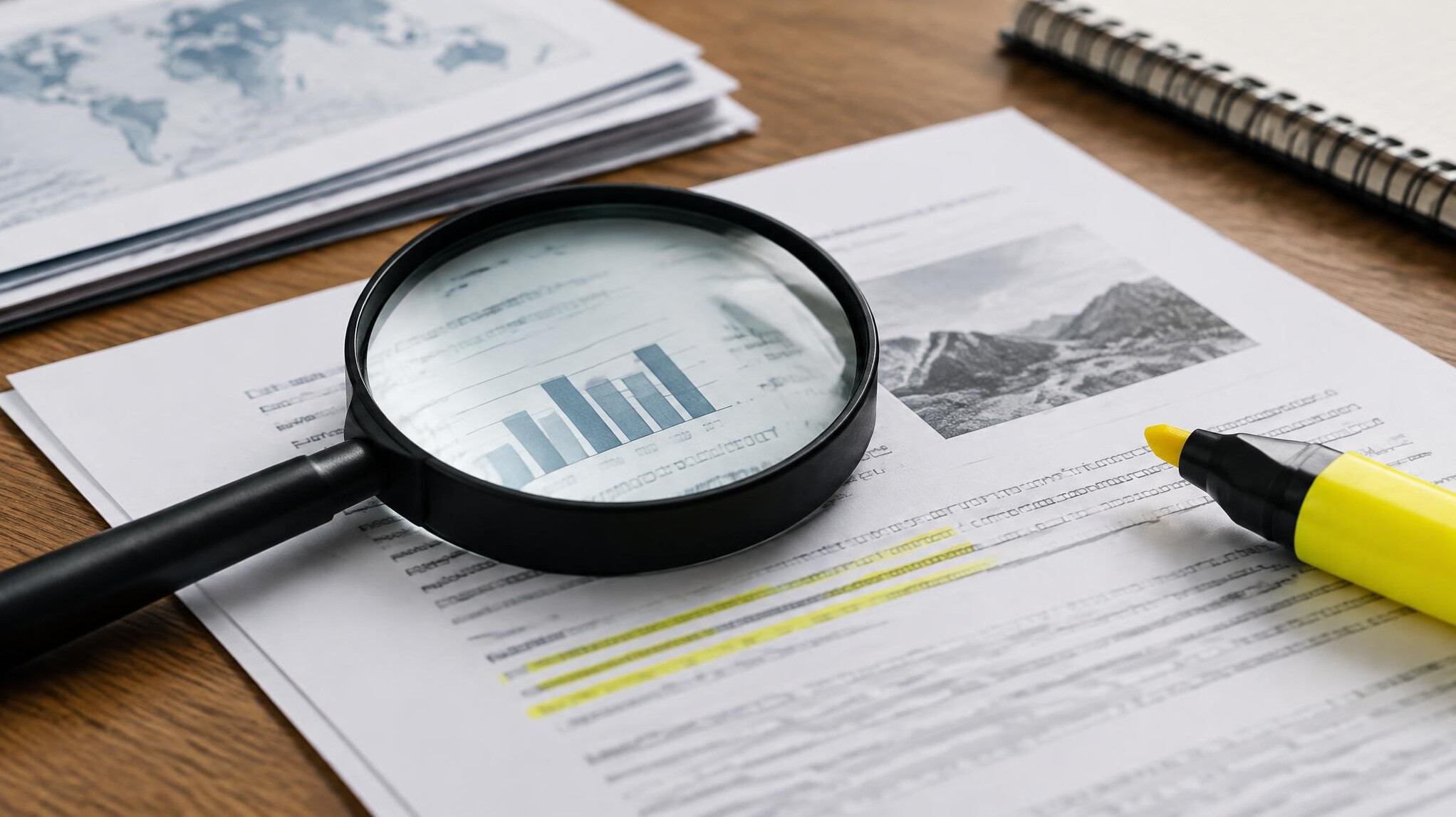 Close-up of printed documents and a magnifying glass on a desk