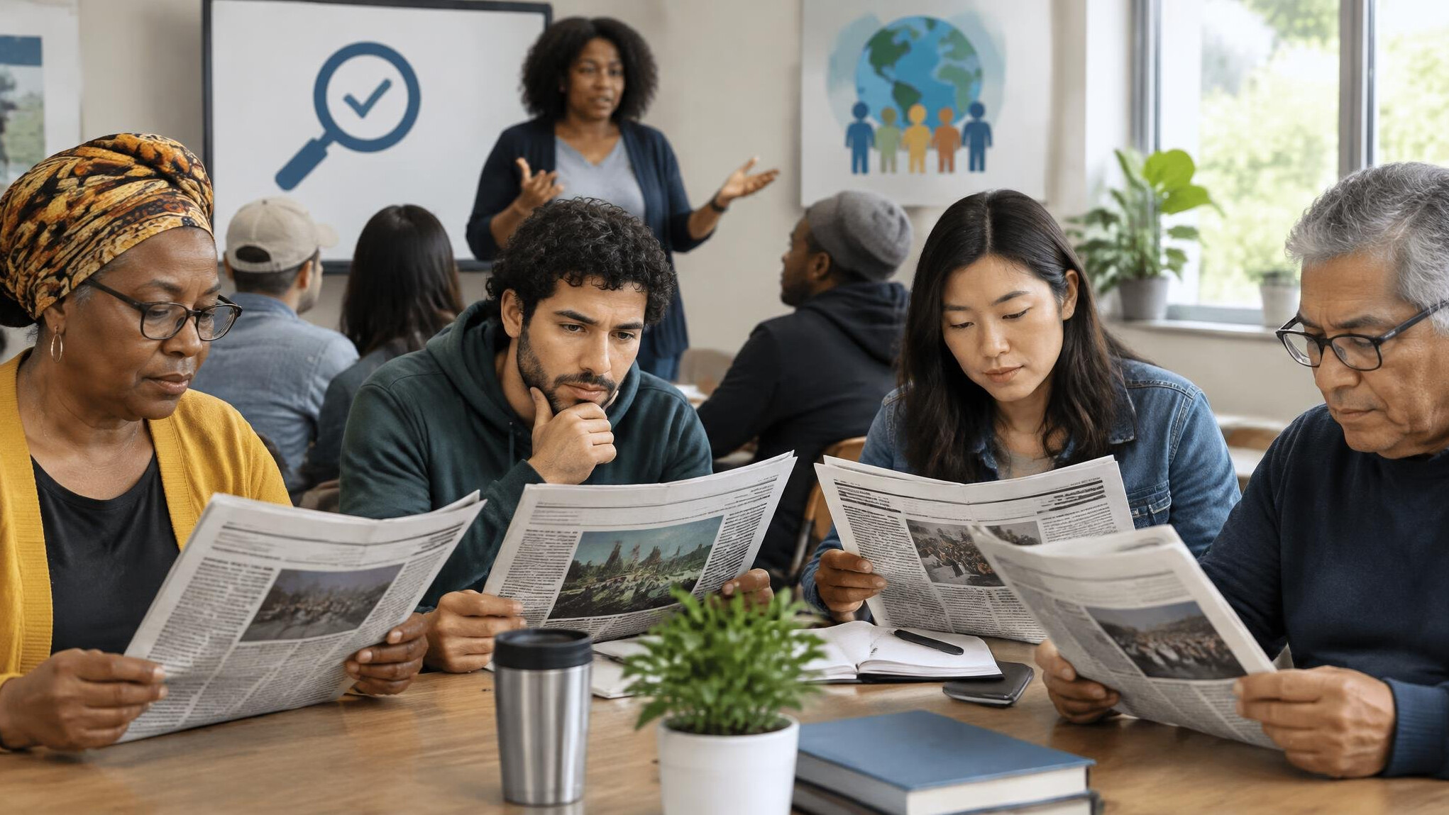 diverse people reading newspapers