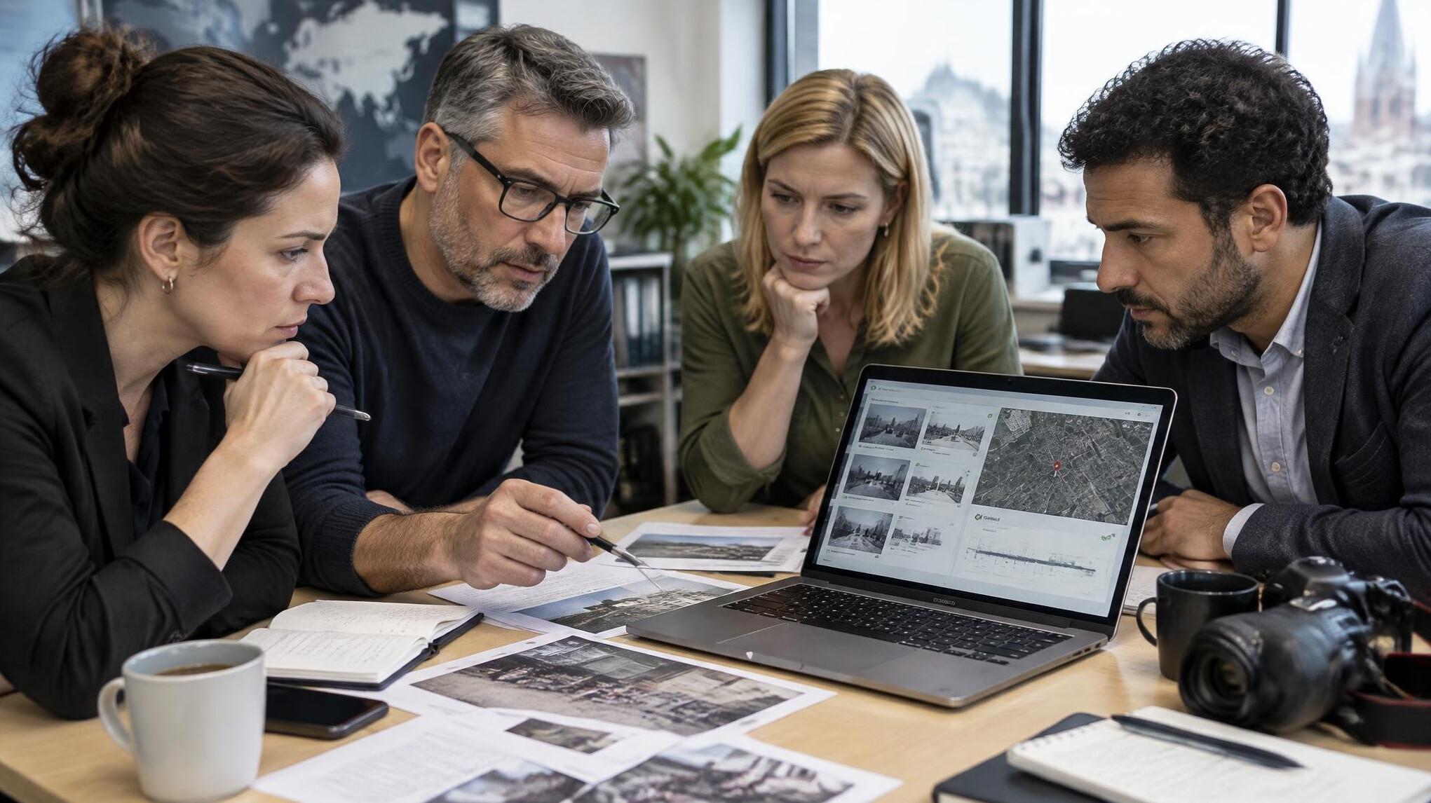 Small team of investigative journalists reviewing documents together around a table