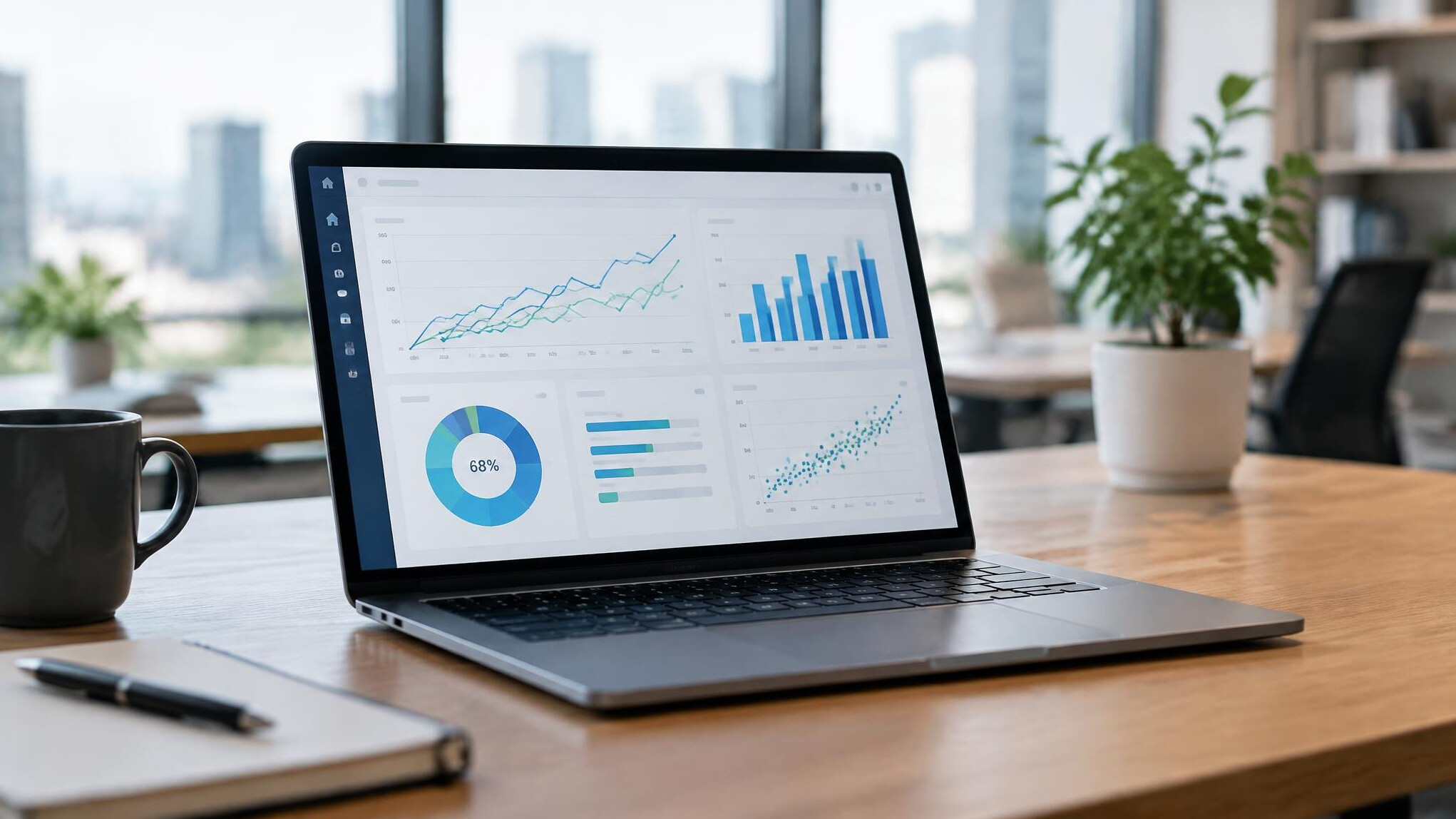 Laptop screen displaying charts and data analysis in an office